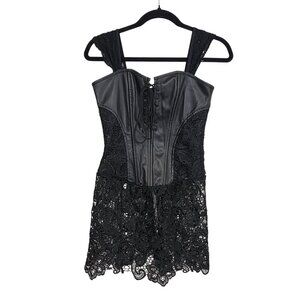 Womens Goth Black Faux Leather Lace Corset Camisole Medium Floral Front Alt Sexy